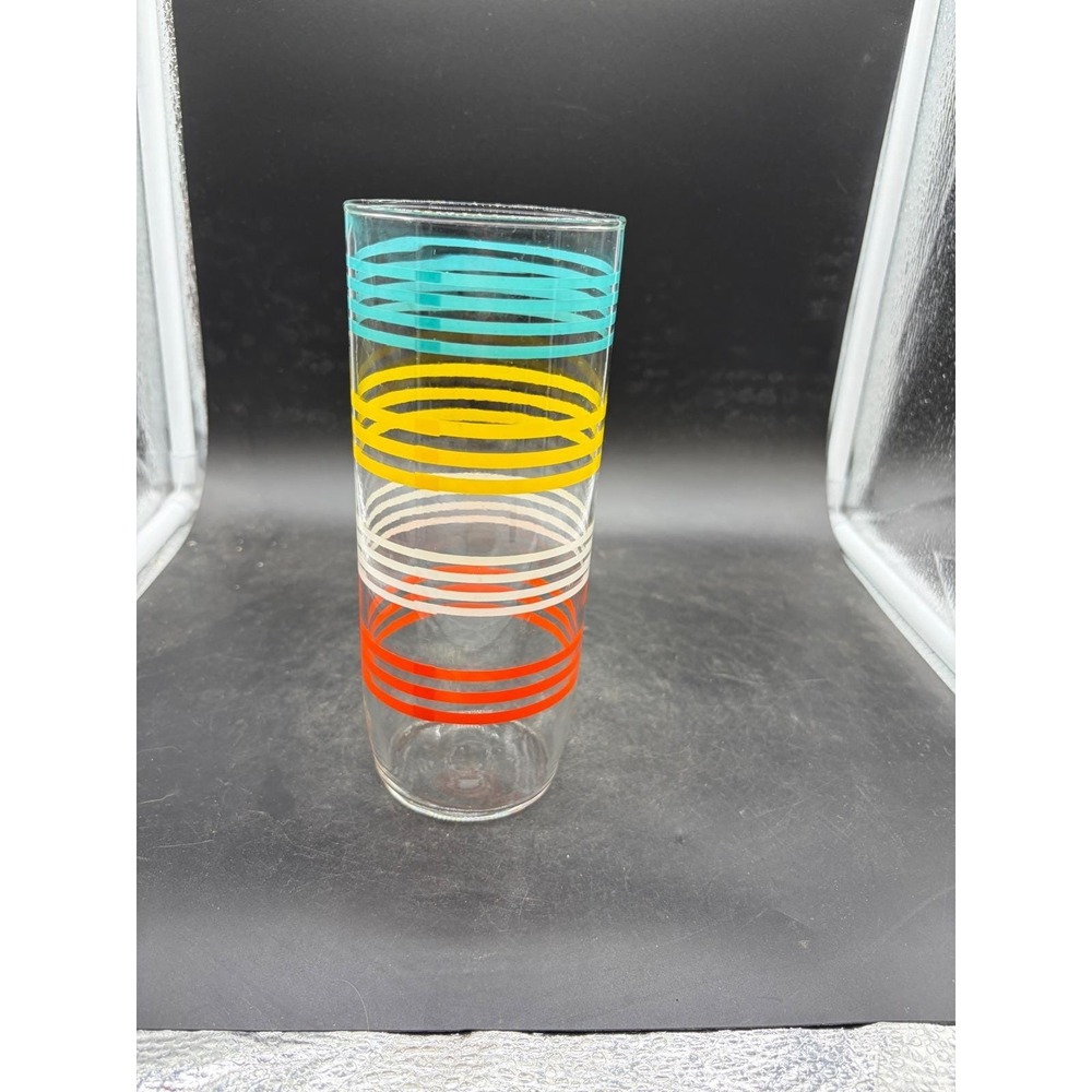 Vintage Mid Century Modern Highball Glass Colorful Multi Stripe Retro‎ Tumbler